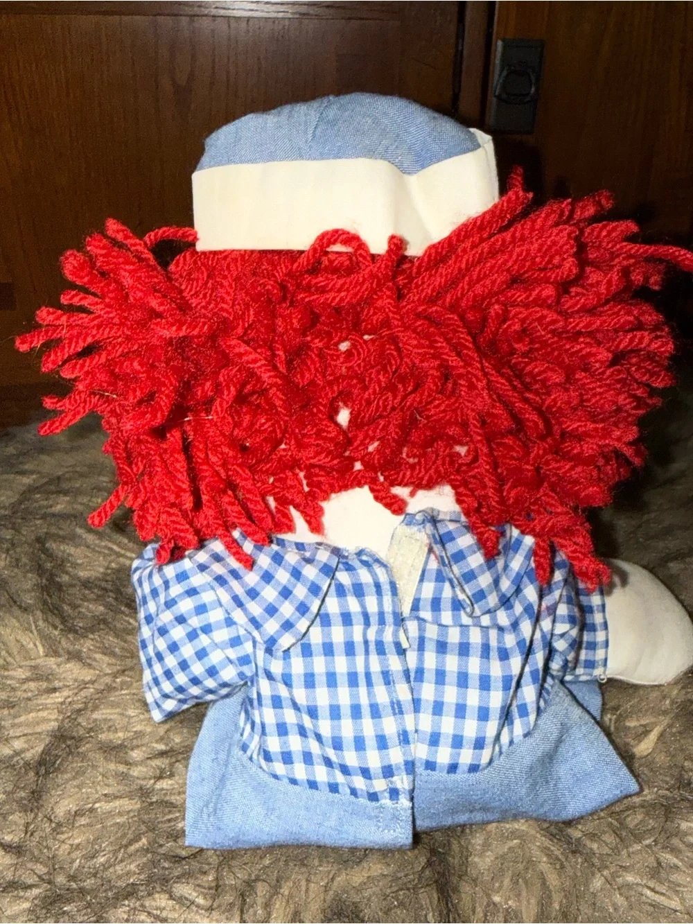 Raggedy Andy cloth tag doll red hair blue checkered shirt blue trousers 15”